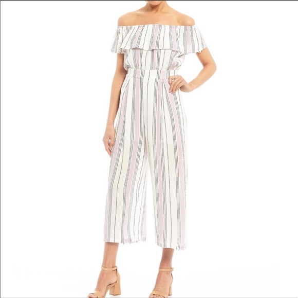 Jodi Kristopher Pants - SOLD Jodi Kristopher Striped Off Shoulder Jumpsuit
